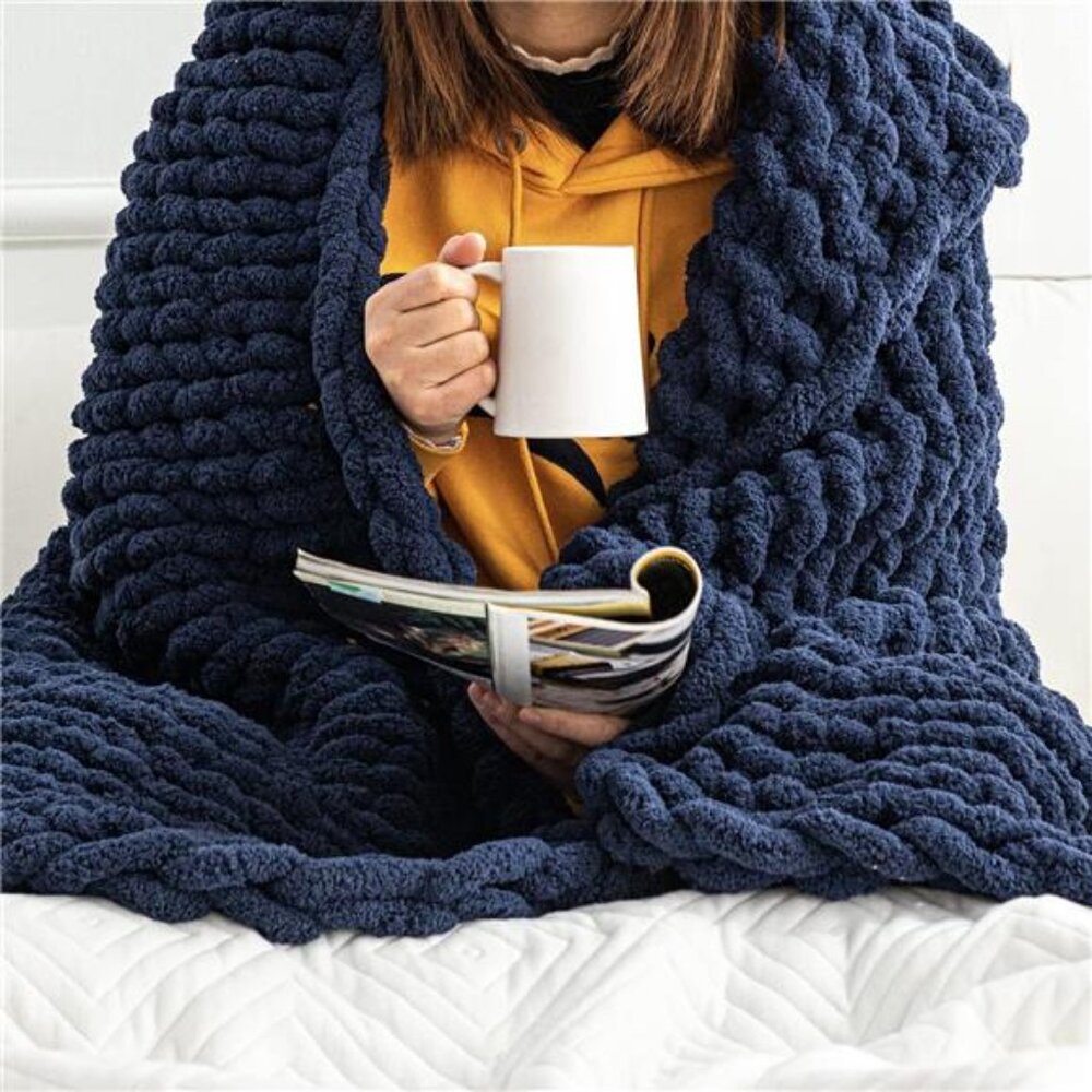 Chunky Knit Blanket Throw - 50"x60" 3.7 lbs. -Soft Chenille Yarn Knitted Blanket